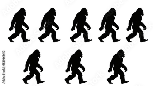 Set of walking ape-like mythical creature silhouettes in a repeating pattern