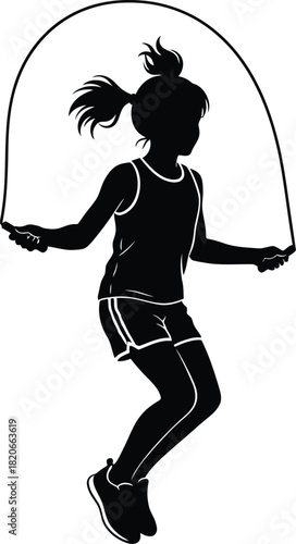 Silhouette of a young girl jumping rope with joy and energy