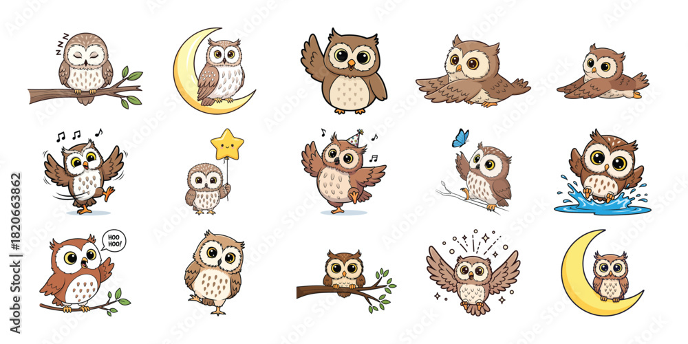 Obraz premium Collection of whimsical cartoon owl illustrations in various poses and styles