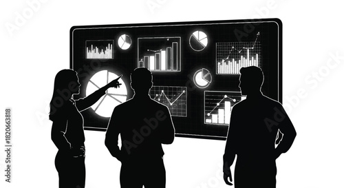 Silhouette of business team analyzing data on a large screen display with various graphs and charts in a professional setting.