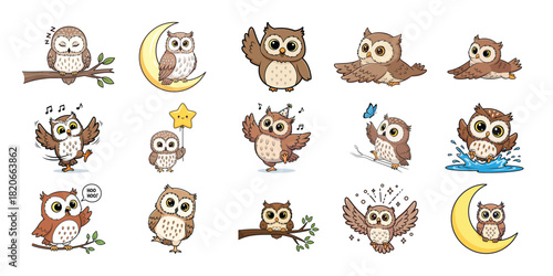 Collection of whimsical cartoon owl illustrations in various poses and styles