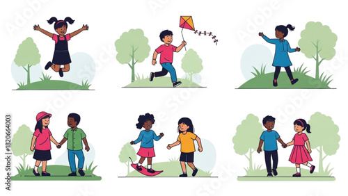 A delightful set of illustrations featuring diverse children playing happily together outdoors