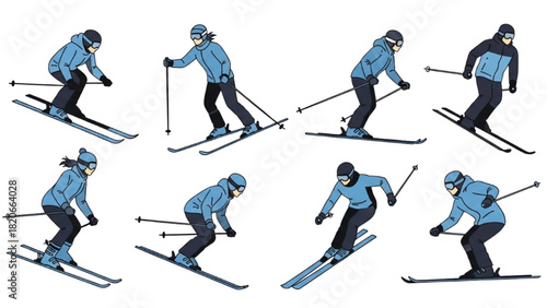 Dynamic Skiing Illustrations Set Capturing Various Poses and Actions for Winter Sports Enthusiasts and Recreational Activities