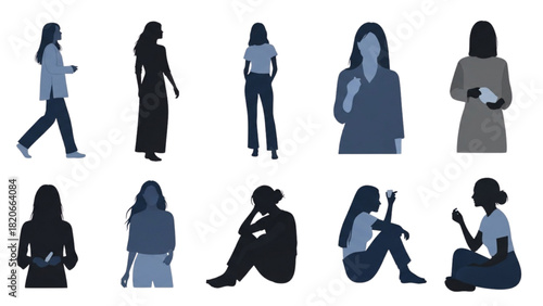 Silhouettes of women in various poses and activities, representing diversity