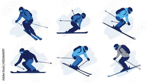 Skiers enjoying winter sports on the slopes in various action poses