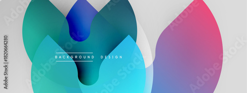 Abstract fluid shapes overlap, creating vibrant color gradients. Modern design elements suggest motion, energy, innovation. Background features text.