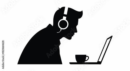 Silhouette illustration of a person wearing headphones, engrossed in a laptop with a hot drink, symbolizing focused digital activity, remote work, or online learning and productivity