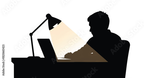 Working late silhouette A person focused on a laptop under a desk lamp's warm glow