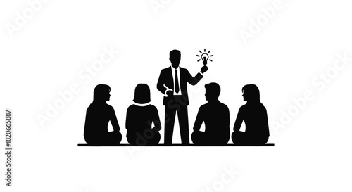 A monochrome silhouette icon illustrating a business leader presenting an innovative idea with a lightbulb to their team during a corporate meeting