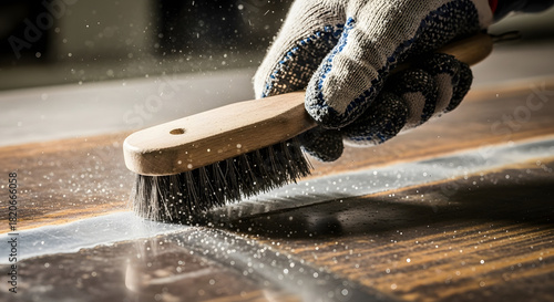 Steel surface preparation with a wooden brush before welding, Metalworker cleaning weld seam with metal brush, safety first, Welding cleaning