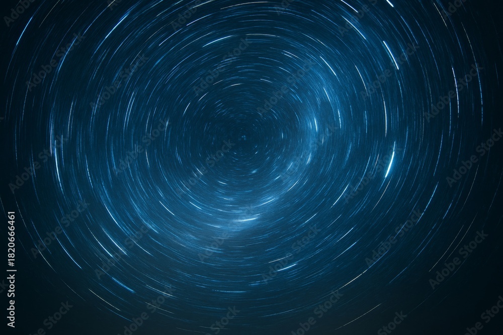 Fototapeta premium Abstract spiral star trail in deep blue night sky with swirling motion effect and bright streaks of light forming circular background pattern. Ai generative