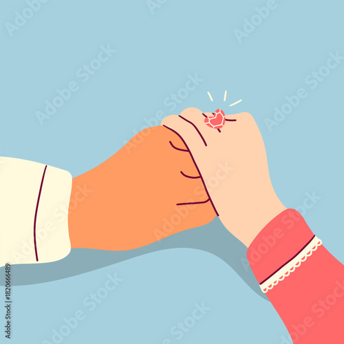Two hands holding together. Love couple, fingers interlocked. Romantic partners on date, walking. Arms connection with affection, bond. Flat graphic vector illustration isolated on blue background