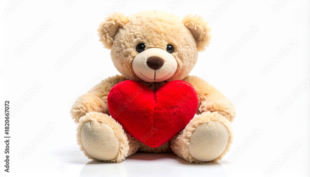 Fototapeta premium Teddy bear holding red heart on white background.