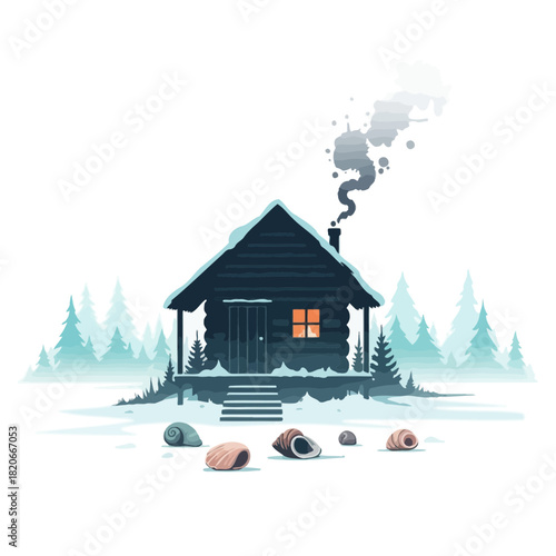 Isolated Winter Cabin and Mysterious Seashells