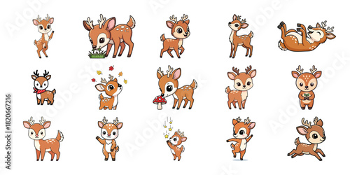 Collection of adorable cartoon deer illustrations in various poses on white background