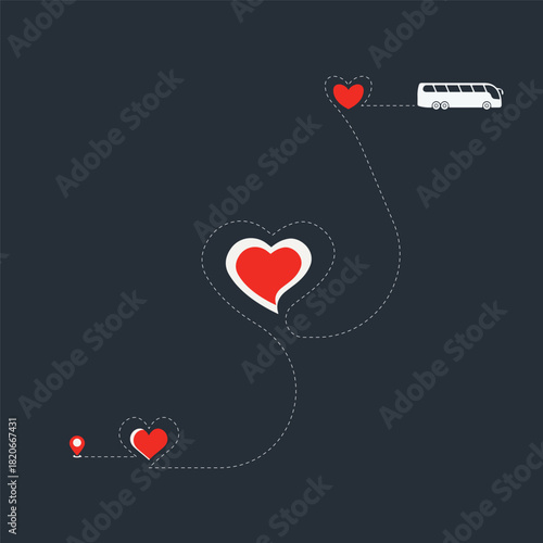Set of Love bus route. Heart dashed line trace and bus routes isolated. Romantic wedding travel, Honeymoon trip.