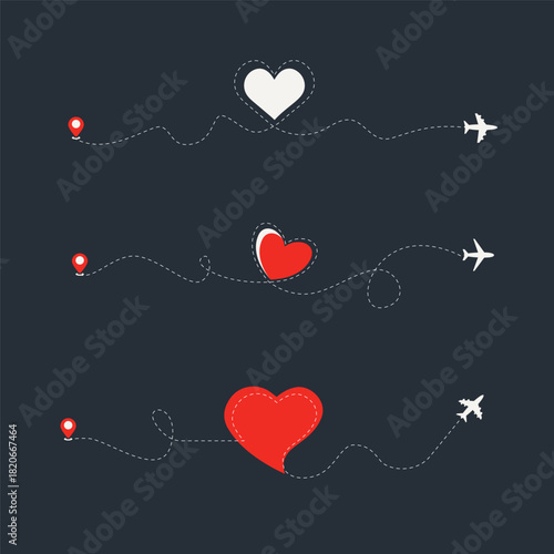 Set of Love airplane route. Heart dashed line trace and plane routes isolated. Romantic wedding travel, Honeymoon trip.