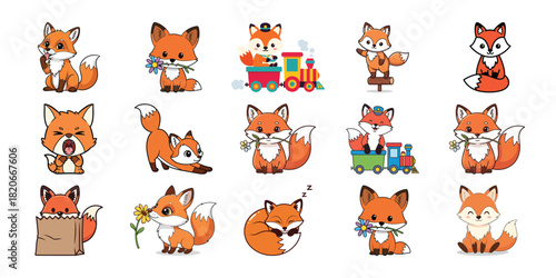 Collection of cartoon foxes in various poses and activities on white background
