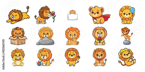 Collection of adorable lion cartoon characters in various poses and activities