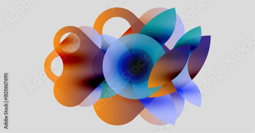 Abstract composition. Overlapping translucent shapes create vibrant color blends. Soft gradients suggest depth, movement. Modern design.