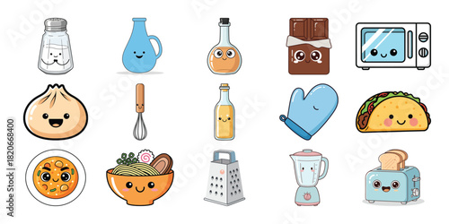 Collection of kawaii kitchen utensils and food items with smiling faces