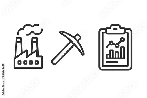 Set of industrial production resource mining and business data analysis outline icons