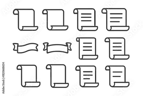 Outline scroll icons and ribbon banners for documents, contracts, and certificates
