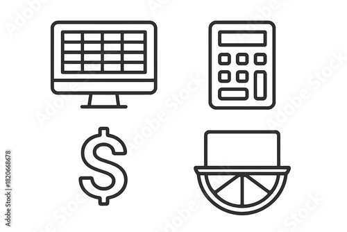 Financial and accounting symbols including spreadsheet, monitor, calculator, and dollar sign