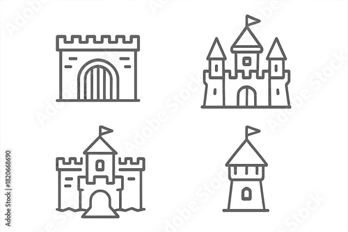 Minimalist outline symbols of ancient medieval castles fortresses and towers