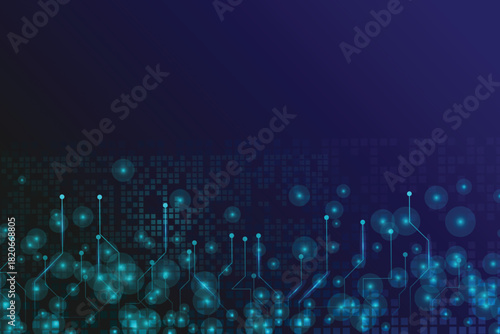 Futuristic digital circuit board technology background, Dark blue technology background with glowing digital circuit lines.