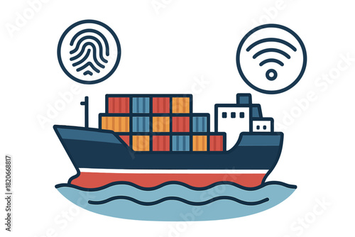 Global cargo ship transporting containers with digital security and wireless tracking icons