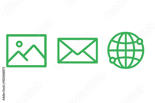 Green line symbols for digital communication: image gallery, email envelope, and global network