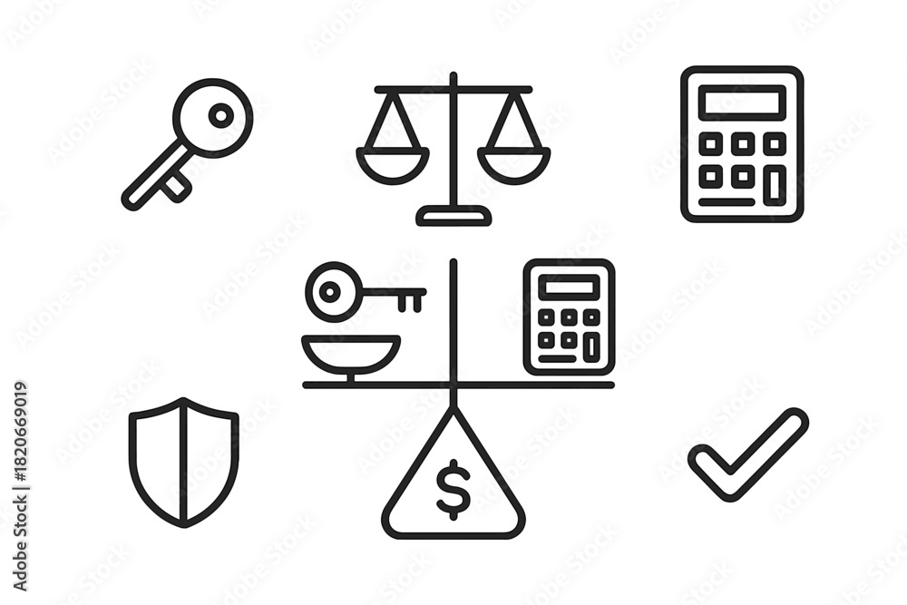 Obraz premium Key, calculator, shield, and checkmark symbols for financial security and balance