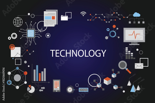 Technology innovation digital tech icons background, Abstract technology infographic background with data, network, and computing Icons.