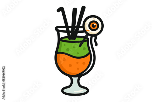 Spooky Halloween cocktail with green and orange liquid and an eyeball garnish