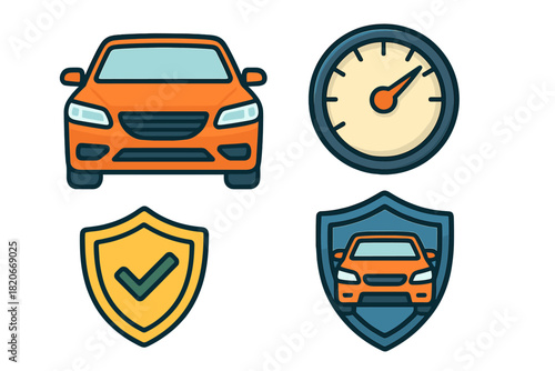 Automobile safety and insurance icons with speedometer and protective shields