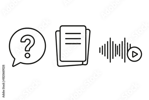 Set of line icons representing frequently asked questions, documents, and voice message playback