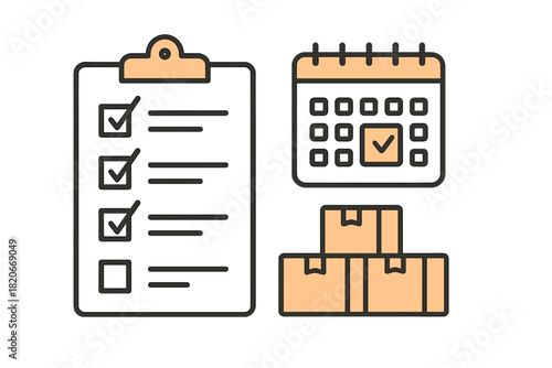 Delivery schedule and task management symbols with clipboard calendar and boxes