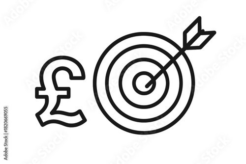 Pound sterling currency symbol next to a target with an arrow hitting the center bullseye