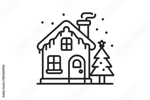 Cozy winter house with snow on the roof and a festive Christmas tree outside during a snowfall
