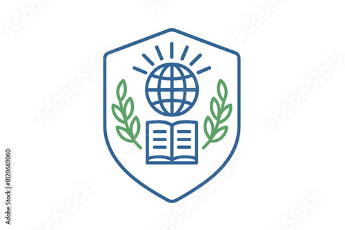 Academic crest with shining globe, open book, and laurel branches symbolizing global knowledge and learning achievement