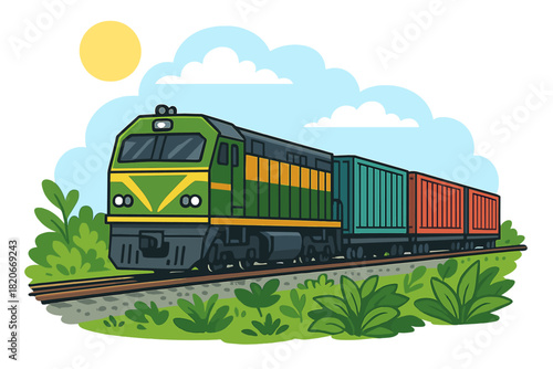 Green diesel freight train transporting cargo containers on railway tracks under a blue sky