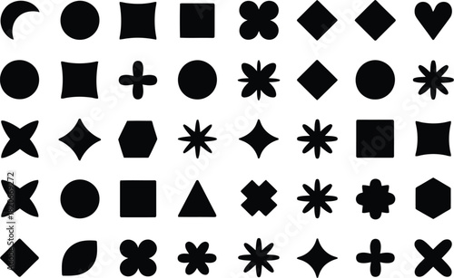 Black and White Geometric Shapes, Including Stars, Hearts, Squares, and Triangles Pattern