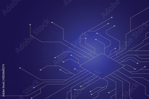 Abstract blue isometric microchip technology background with circuit lines.