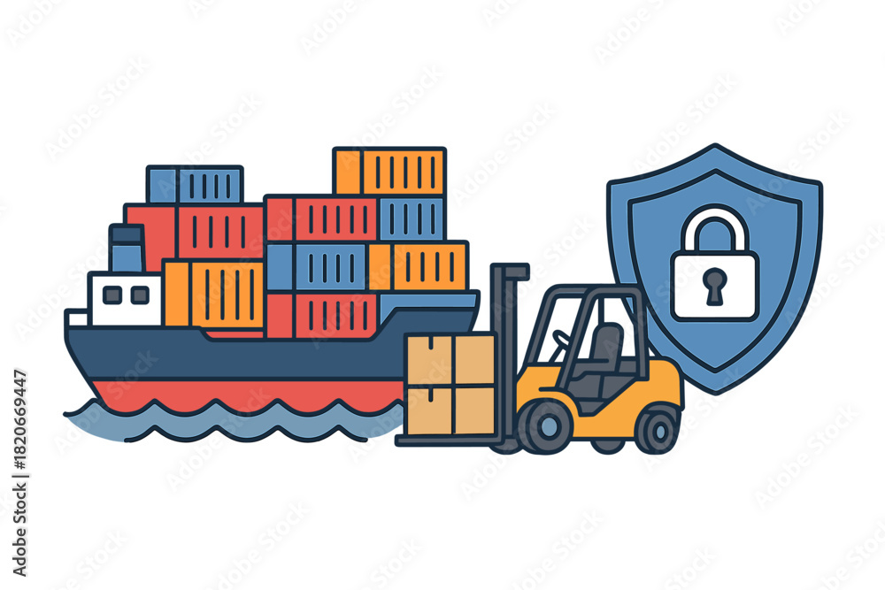 Naklejka premium Secure global shipping logistics with cargo ship, forklift, and security shield icon