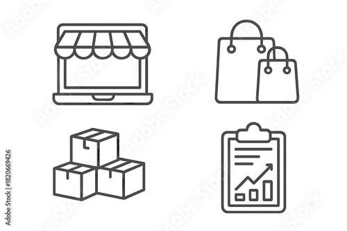 Online store, shopping bags, delivery boxes, and sales report symbols for e-commerce logistics