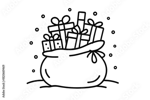 Santa's sack overflowing with many holiday presents and wrapped gift boxes