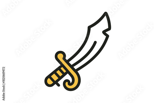 Stylized pirate saber featuring a curved blade and decorative golden hilt design for adventure themes