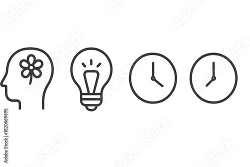 Conceptual line icons representing creativity, innovation, time management, and mental health