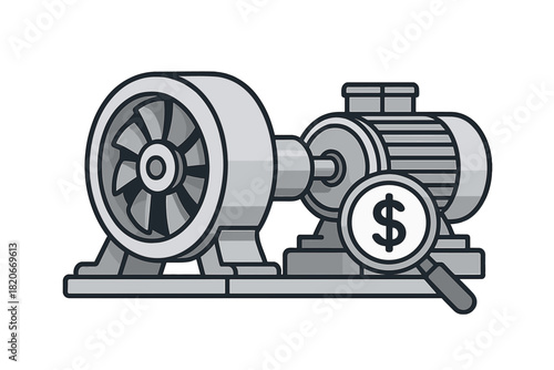 Industrial electric motor and centrifugal fan cost analysis with magnifying glass and dollar sign